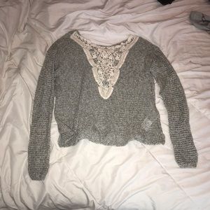 Grey Cropped Sweater with Lace Back